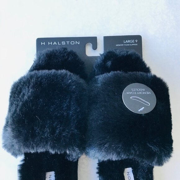 H Halston Faux fur memory foam insoles slippers Black  Size : L (9) - Picture 2 of 5